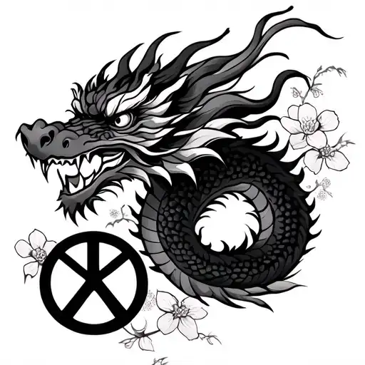 Chinese New Year Dragon with Buddism Peace Sign and Cherry Blossom in the background tattoo design idea