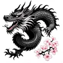 Chinese New Year Dragon with Buddism Peace Sign and Cherry Blossom in the background tattoo design idea