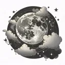 full moon with stars on dark clouds tattoo design idea