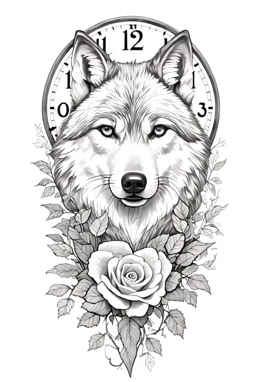 tattoo with wolf, rose, only ONE clock, heart, vines growing tattoo design idea