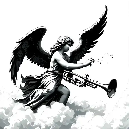 Angel With Trumpet blowing on clouds tattoo design idea
