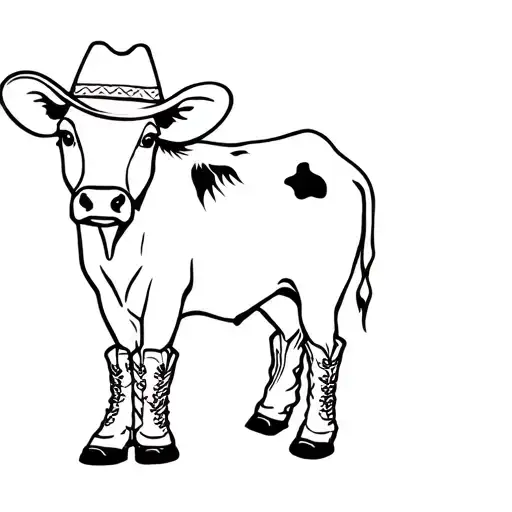 Black and white baby cow wearing cowboy hat and boots tattoo design idea