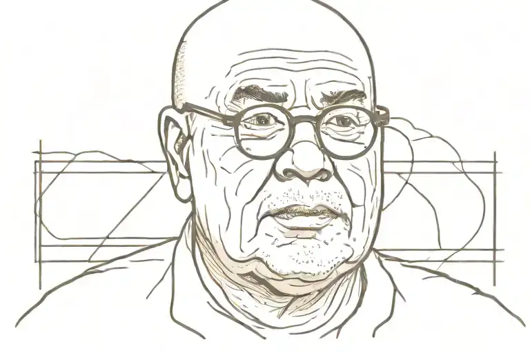 An elderly bald fat man father with glasses is standing on the left side of the photo. In the middle of the photo is a y tattoo design idea