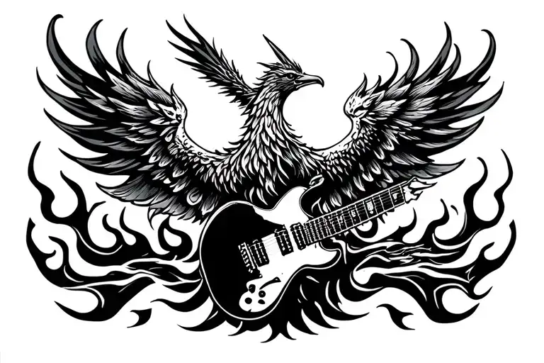 A phoenix rising from flames intertwined with a guitar neck tattoo design idea