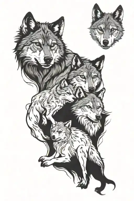 wounded wolf protects she-wolf and wolf cubs tattoo design idea