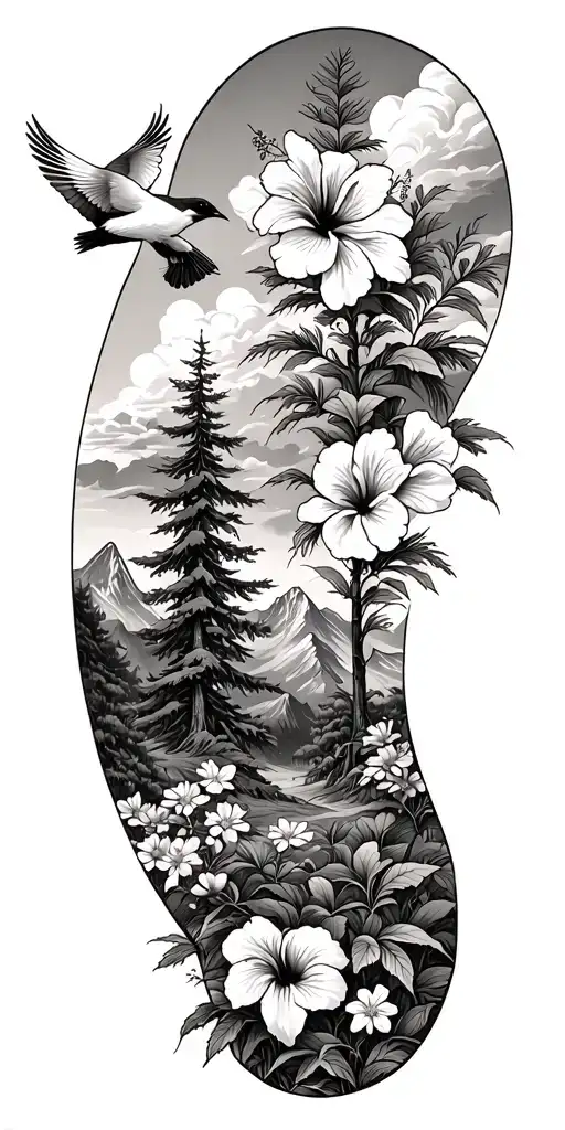 pine trees, hibiscus flowers,clouds, doves, crows, mountains, wildflowers tattoo design idea