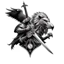 warrior wielding a sword, watch, lion, eagle tattoo design idea