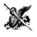 warrior wielding a sword, watch, lion, eagle tattoo design idea