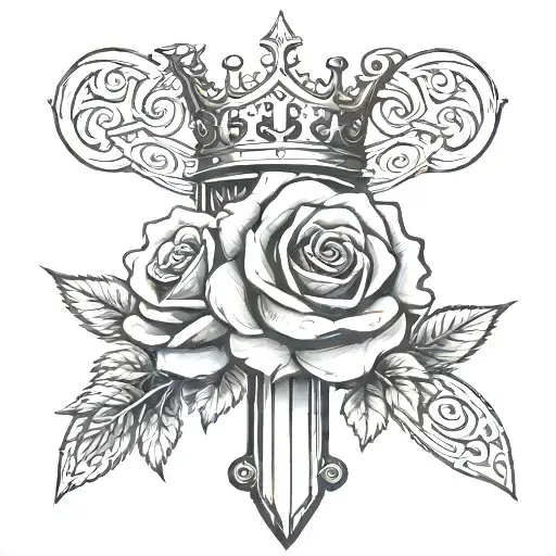 sword and a rose and king crown tattoo design idea