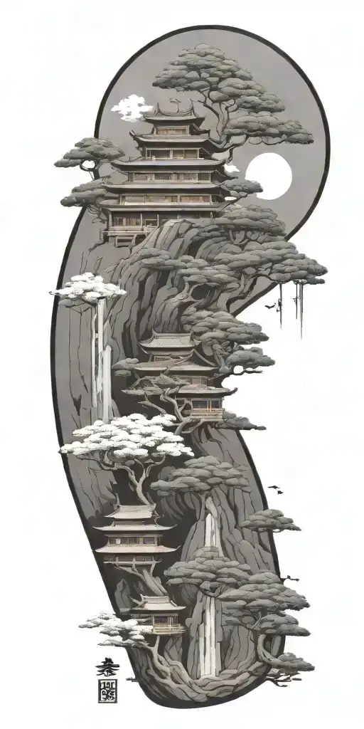 budism symbols that are uncommon. focus on nature, scenery and being grounded while on a spiritual journey tattoo design idea