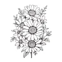 marigolds, cosmos, daisies and sweetpea flowers intertwined tattoo design idea
