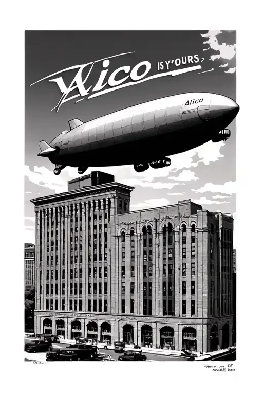Alico building in Waco with the world is yours blimp flying over it tattoo design idea