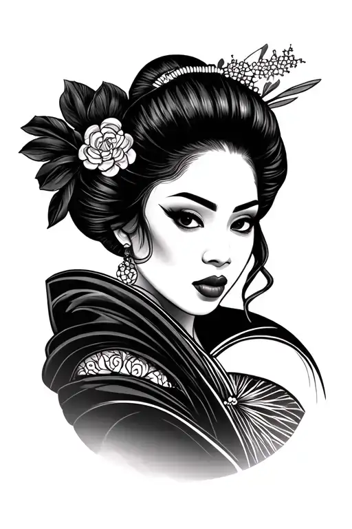 Aaliyah (singer) as a geisha from head to shoulders tattoo design idea