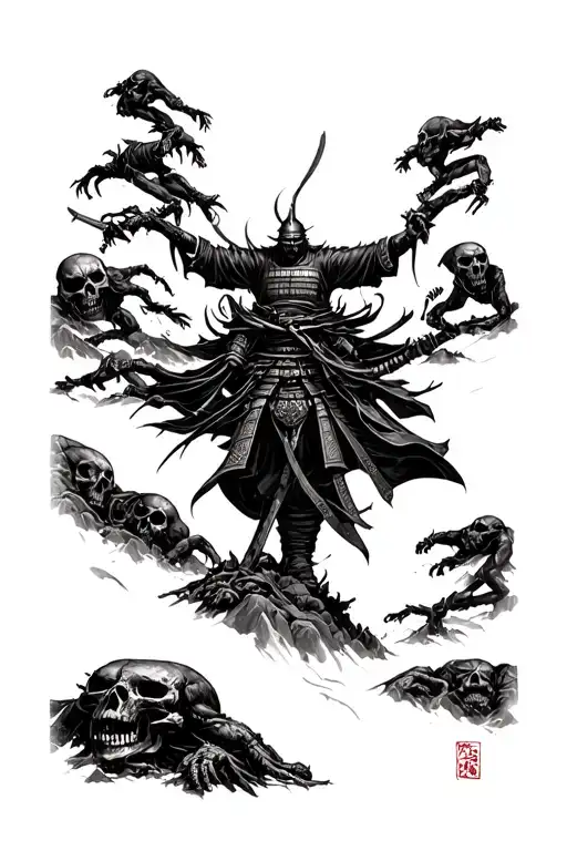 a mountain of dead bodies decomposed and at the top of the dead bodies mountain a samurai that cut the head of his enemy tattoo design idea