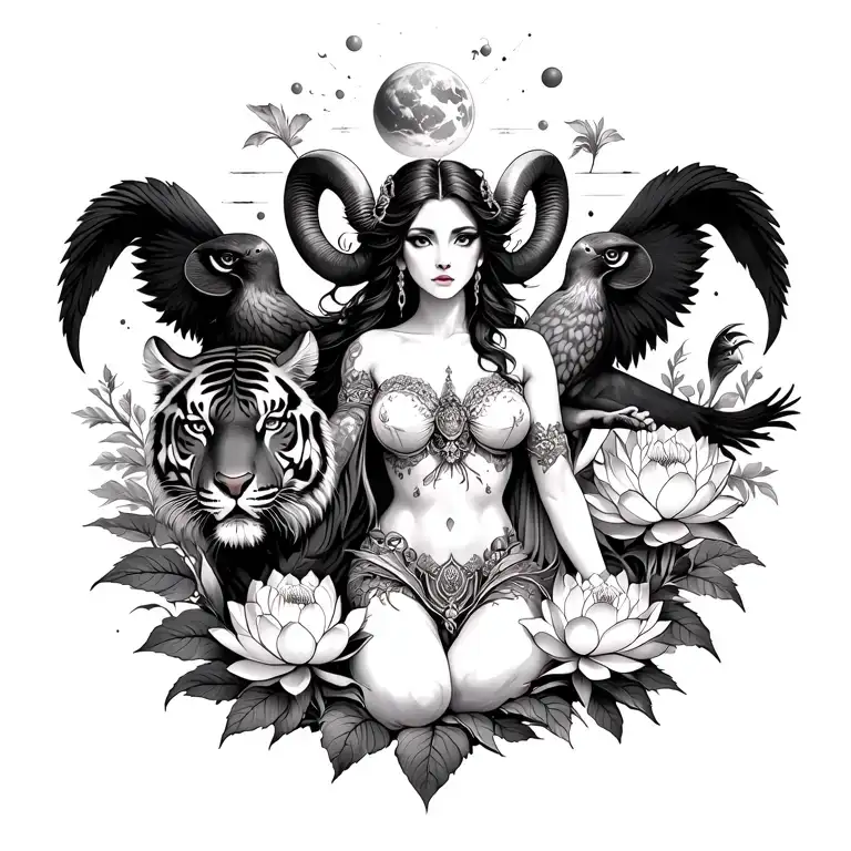 sexy aries goddess surrounded by lotus and peony flowers growing with a tiger and a hawk with mars in the sky tattoo design idea