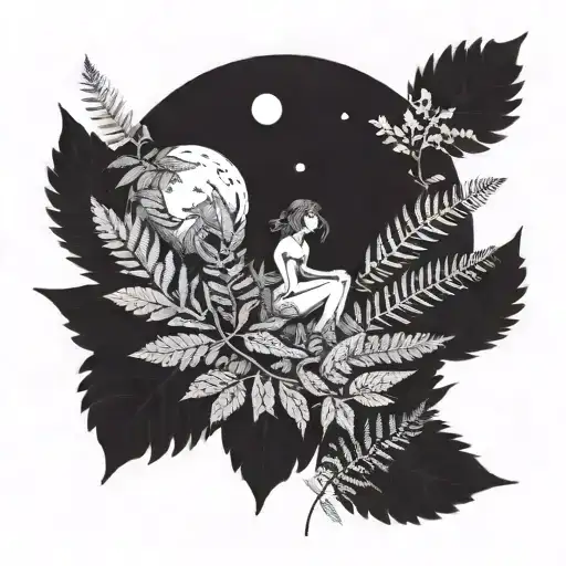 The planet pluto surronded by ferns and silent princesses  tattoo design idea