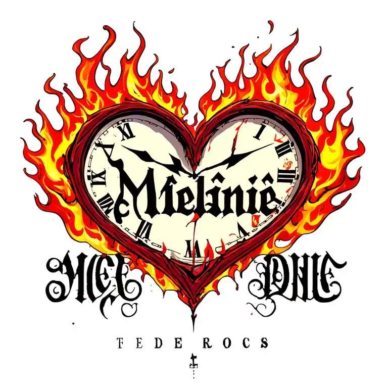 "Mélanie" clock heart in flame tattoo design idea