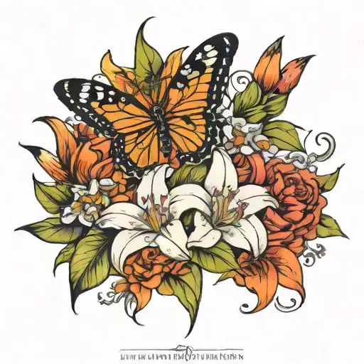 4 lilies 2 robins and a butterfly tattoo design idea