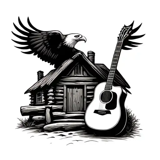 acoustic guitar sitting beside a log cabin and a bald eagle flying  tattoo design idea