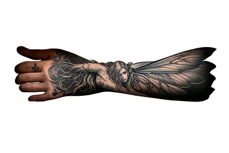 Gothic Fairy Flying Forearm Tattoo tattoo design idea