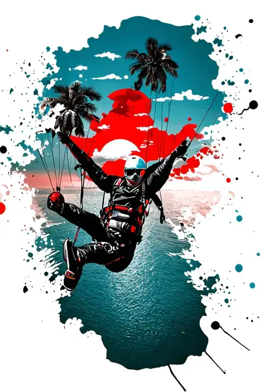 Skydiver in between clouds, seaside, palms, sunset tattoo design idea