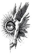 Icarus with wings falling from sun with eye inside on outside forearm  tattoo design idea