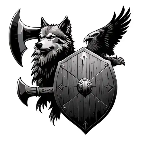 viking shield wolf ax eagle carrying tattoo design idea