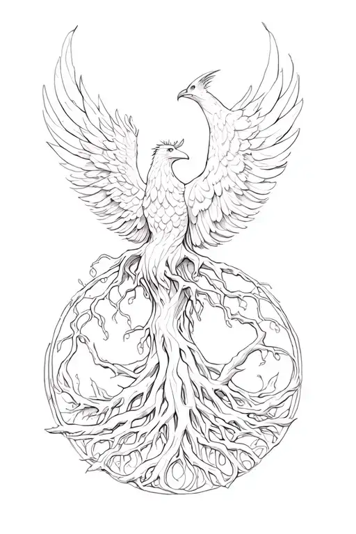 tree of life intertwined with rising phoenix rising tattoo design idea