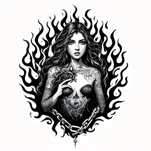 She appears to be heartless, surrounded by flamesBut through all the darkness, a lover is chained tattoo design idea