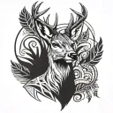 White tailed deer and feathers tattoo design idea