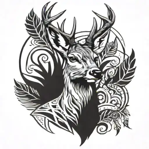 White tailed deer and feathers tattoo design idea