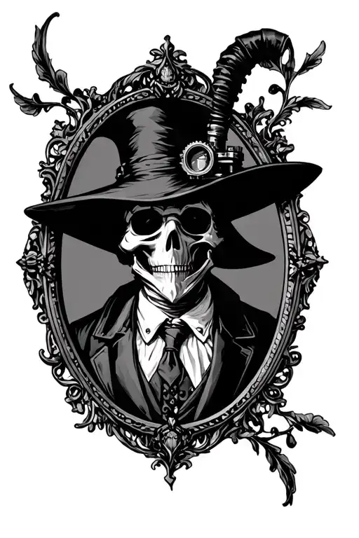 simple, dark, classic plague doctor in ornate victorian style oval frame. frame should have steampunk elements. tattoo design idea