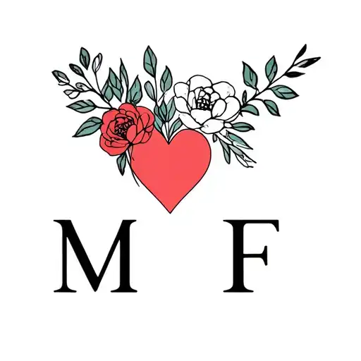 Heart and flowers with letters M, J, M, F tattoo design idea