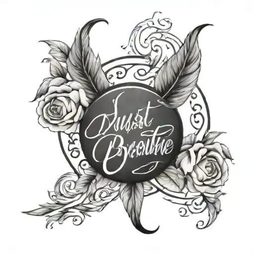 Three zodiac signs, Capricorn, Gemini, and Aries, intertwine amongst the delicate cursive script of "Just Breathe", form tattoo design idea
