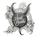Three zodiac signs, Capricorn, Gemini, and Aries, intertwine amongst the delicate cursive script of "Just Breathe", form tattoo design idea