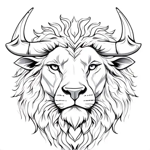 Head lion with bull frontal view, oriental mandala tattoo design idea