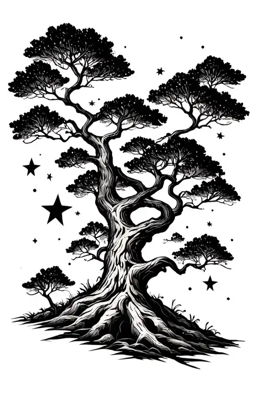 Maintain, minimalist, line, stars, traveler's tree tattoo design idea