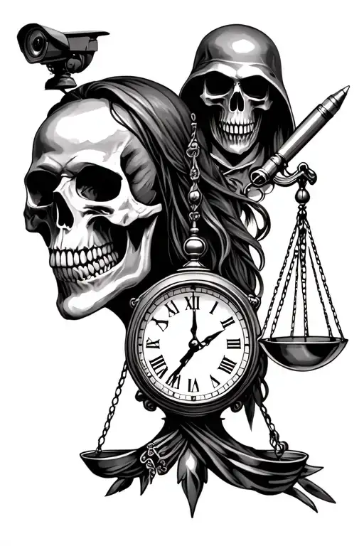 skull with bullet in the mouth, with lady justice next to it and grim reaper with a glass hour clock, and CCTV cams abov tattoo design idea