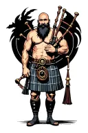 shirtless muscular bagpiper bald black beard playing bagpipes black background tattoo design idea