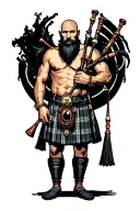 shirtless muscular bagpiper bald black beard playing bagpipes black background tattoo design idea
