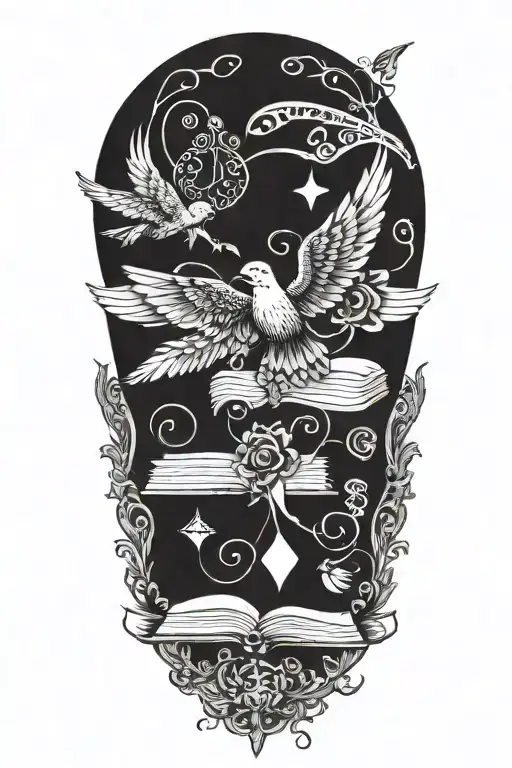 Incorporate a quill pen, book and musical notes intertwined with Buddhist symbols tattoo design idea