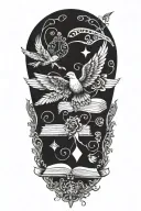 Incorporate a quill pen, book and musical notes intertwined with Buddhist symbols tattoo design idea