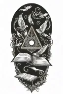 Incorporate a quill pen, book and musical notes intertwined with Buddhist symbols tattoo design idea