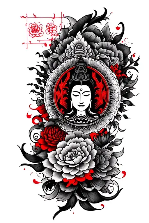 Design of the entire sleeve (right hand)-BW with red elements: --- upper part of the sleeve (arm, upper arm): large round dharma tattoo design idea
