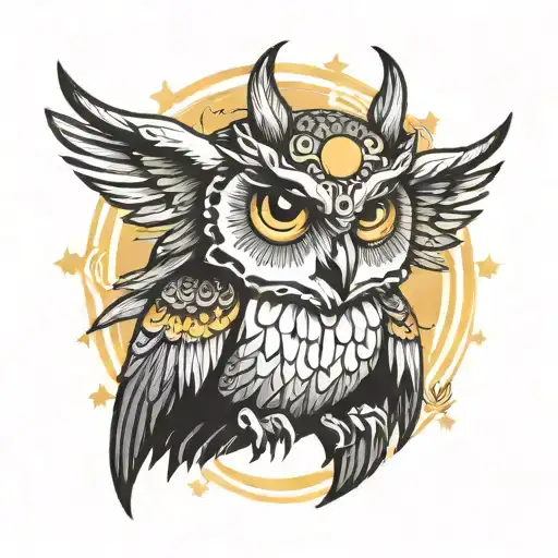 owl head with big wings and sun moon background black tattoo design idea