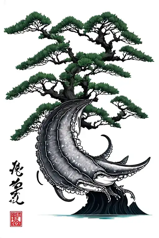 Mt. Yotei with cuttlefish and Japanese yew tattoo design idea