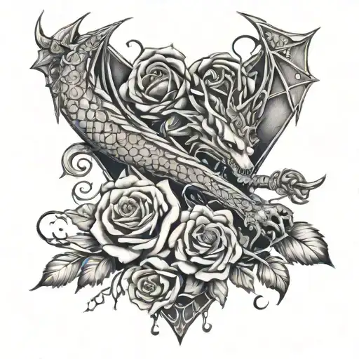 roses, love, passion, lust, hearts, stars, dragon, sword tattoo design idea