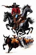 darkness and storming sky, a cowboy see three ghost riders in the sky hunting a lot of cattle with red eyes tattoo design idea