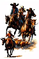 darkness and storming sky, a cowboy see three ghost riders in the sky hunting a lot of cattle with red eyes tattoo design idea