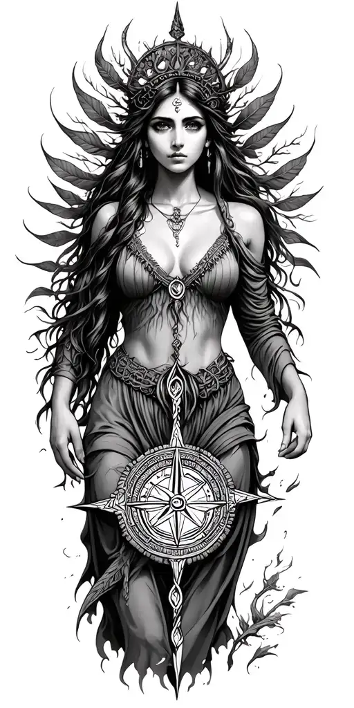 Druid woman nature compass tattoo design idea